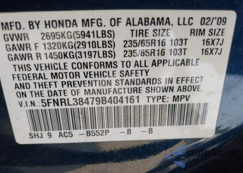 2009 Honda Odyssey Ex z USA, uszkodzony, nr VIN 5FNRL38479B404161